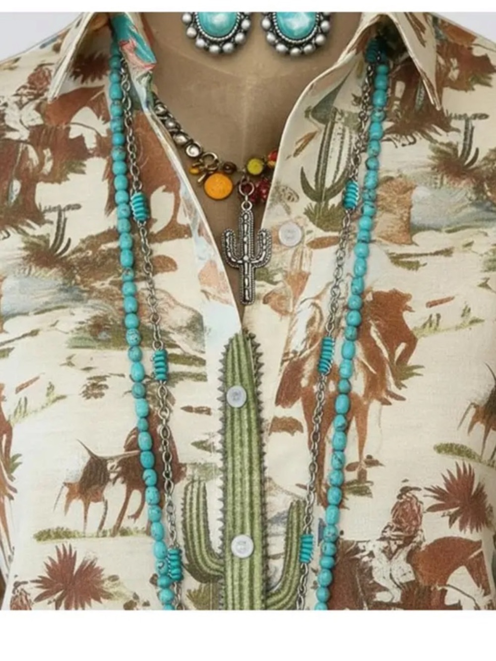 Western Cactus & Horse Print Button-Up Blouse in Cream and Brown - Picture 3 of 7